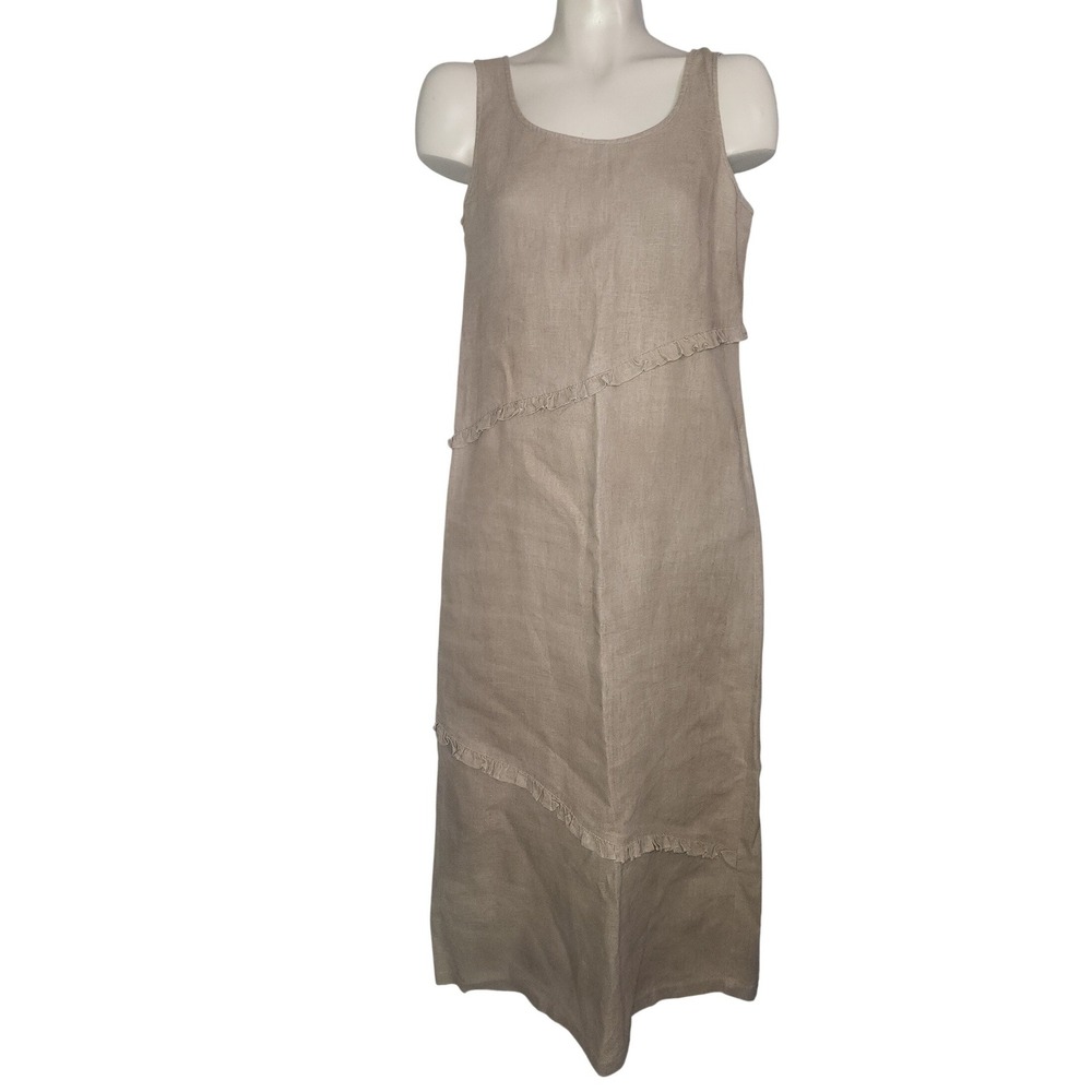 Sweet Jessie Petite Tan Linen Sleeveless Ruffle Tiered Maxi Dress  S lagenlook‎